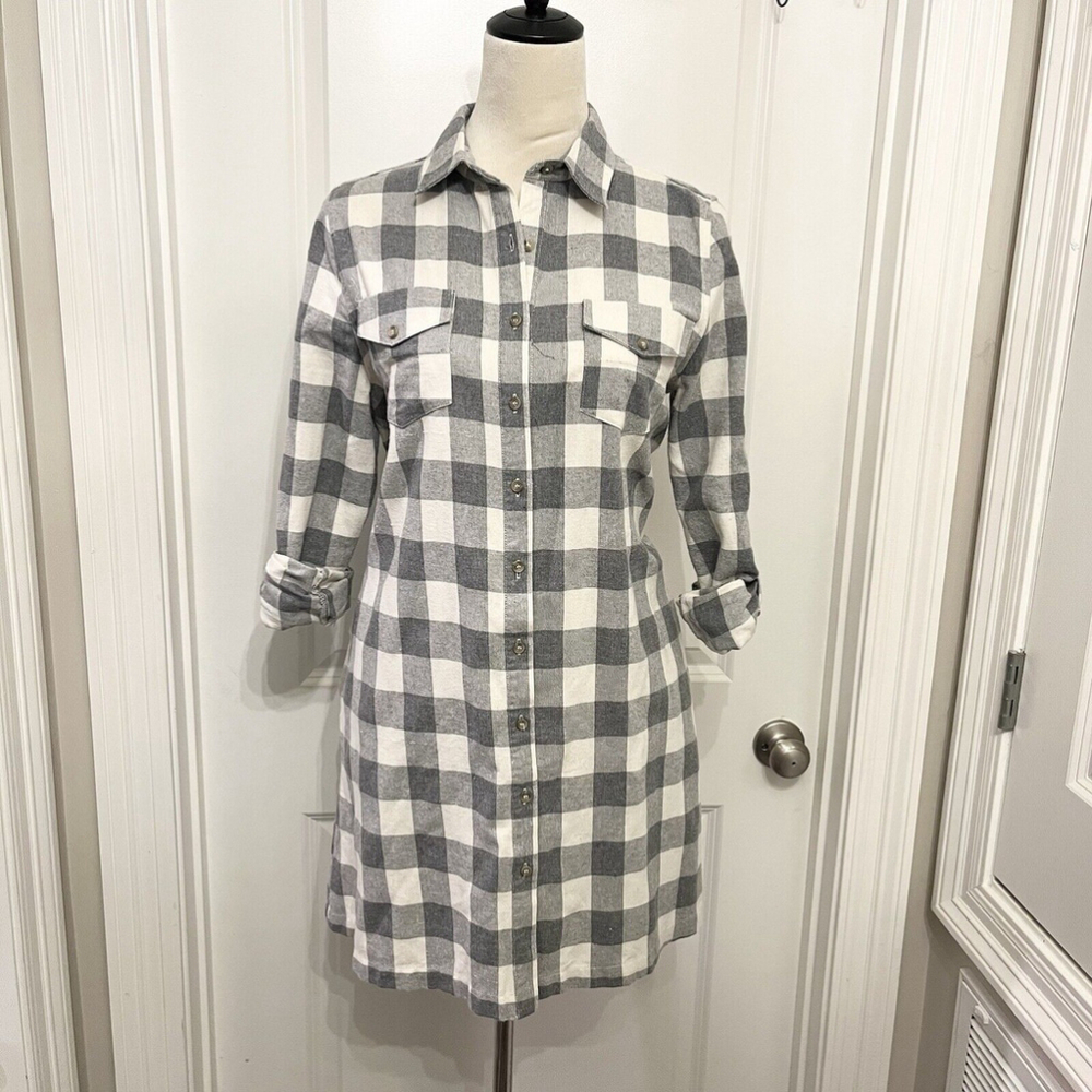 Papercrane Flannel Tunic Dress- Gray‎ White Checked Button front Roll Sleeve- S